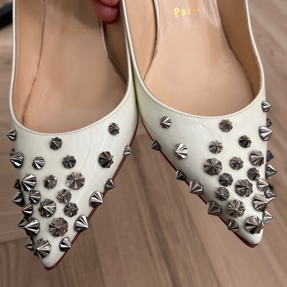 Christian Louboutin White Studded Slingback Heels with Red Soles - Picture 6 of 7